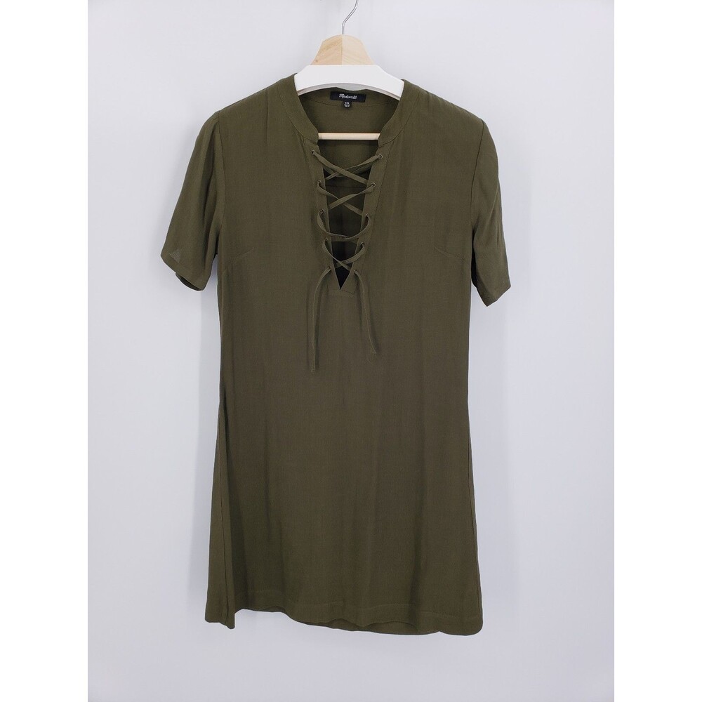 MADEWELL Novella Lace-Up Olive Green Dress F5383 Sz XXS Shift Short-sleeve
